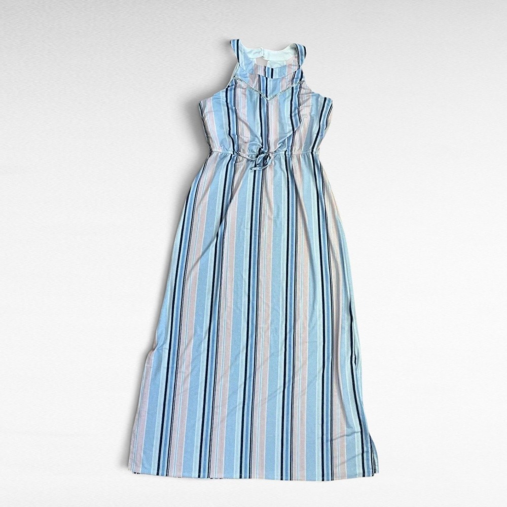 Womens Boho Blue Striped Maxi Dress Halter Three Pink Hearts Size M Summer Beach